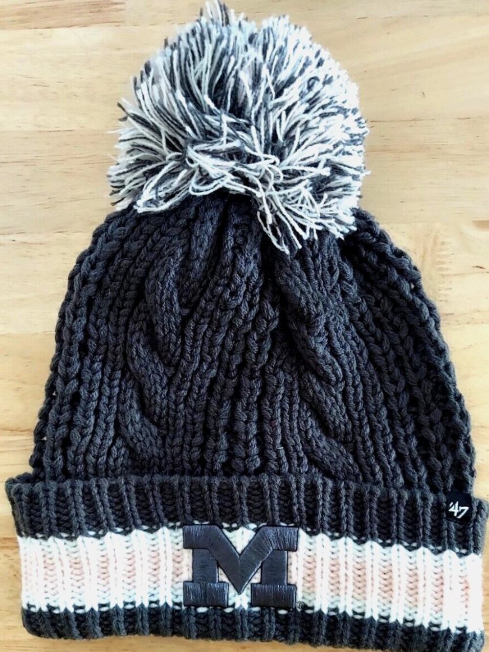 Michigan Wolverines Hat '47 Pink Stripe Cable Knit Cap Pom Embroidered Logo